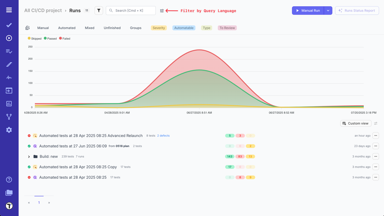 Testomatio.io - Filter Test Runs by Query Language