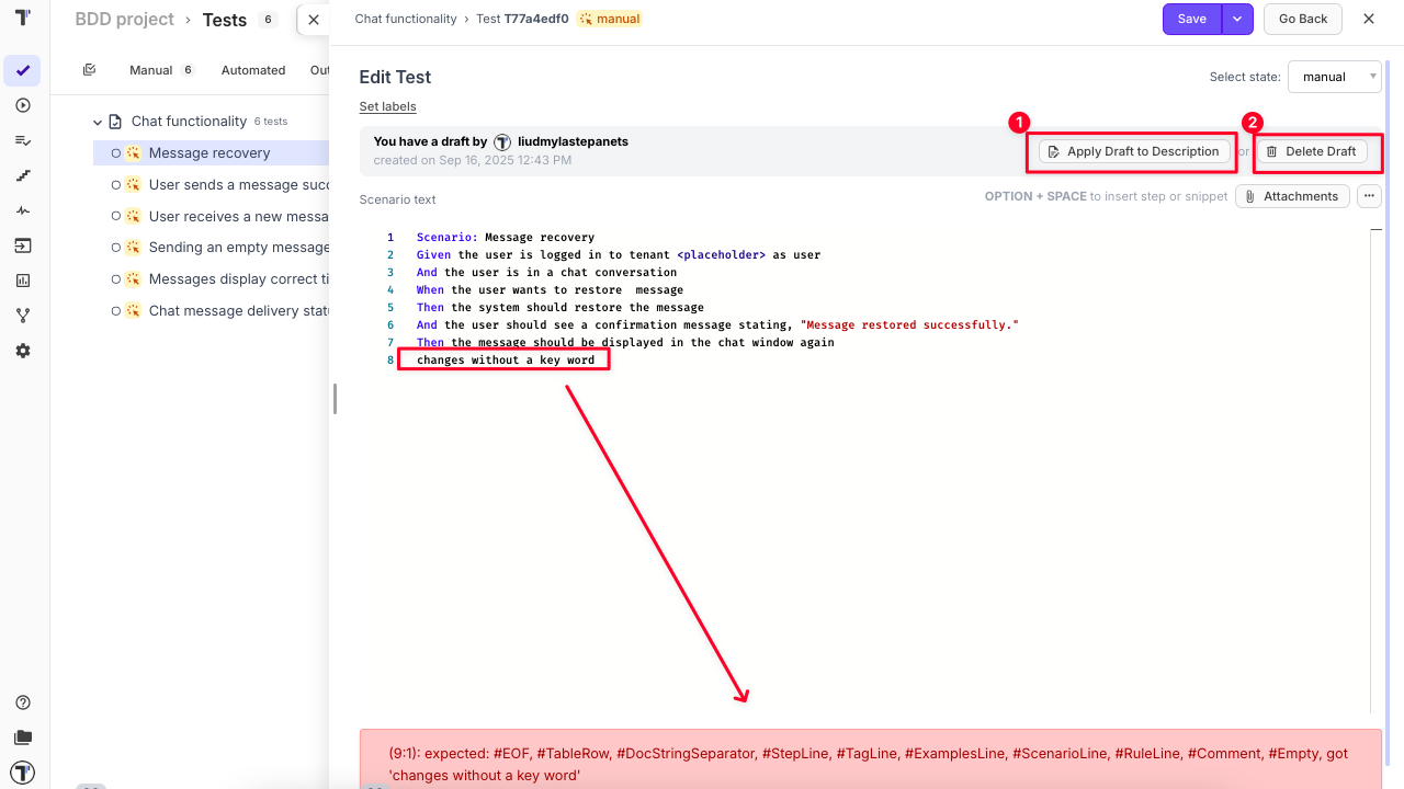 Apply Draft to description and Delete Draft buttons